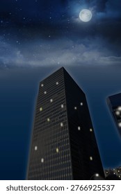 Flat design featuring moonlit skyscraper, lit windows, street lamp and adjacent tower, falling snow. Urban, architecture, nighttime, exterior, modern, reflective, atmospheric