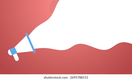 flat design featuring a white and light blue megaphone emitting a large, continuous white wavy stream of sound or light against a muted reddish-pink background