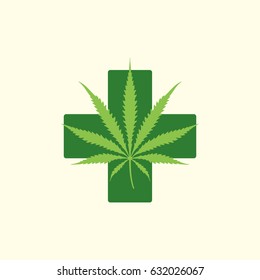 Flat Design Green Colored Medical Marijuana Therapy Leaf Green Cross Sign Illustration Icon
