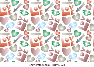 Flat design of hearts, cupid's arrow, lipstick kisses and love word. Seamless pattern of icon love symbols on a white. Raster design in red and orange colors.