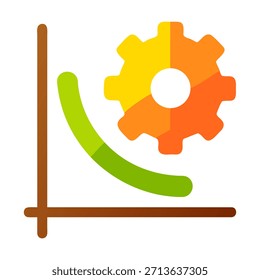 Flat design icon representing data analysis and process optimization with a curved chart line and a colorful gear mechanism isolated on