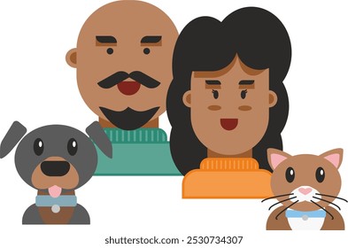 flat design illustration of a african american couple of adult people husband and wife with a dog and a cat front view. Illustration or icon concept of family and companionship - Powered by Shutterstock