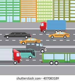 Flat Design Illustration Of City Traffic, Transportation Flat Icons. Trucks, Bus, Taxi, Limo, Bank Truck.