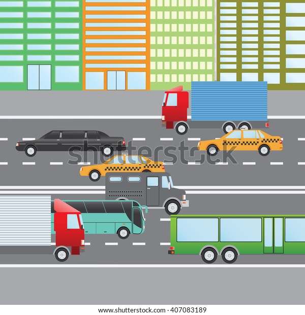Flat design\
illustration of city traffic, Transportation Flat Icons. Trucks,\
Bus, taxi, limo, bank\
truck.