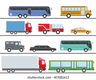 Flat Design Illustration City Transportation Flat Icons. Trucks, Bus, Taxi, Limo, Fire Truck, And School Bus.