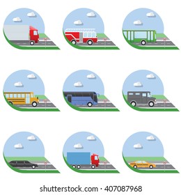 Flat Design Illustration City Transportation Flat Icons. Trucks, Bus, Taxi, Limo, Fire Truck, And School Bus.