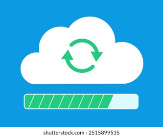 Flat design illustration. A cloud with an upload icon and a counter. The counter is green and almost completely filled. The icon is on a blue background.