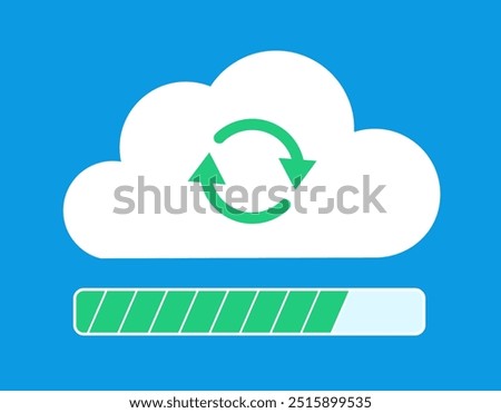 Flat design illustration. A cloud with an upload icon and a counter. The counter is green and almost completely filled. The icon is on a blue background.