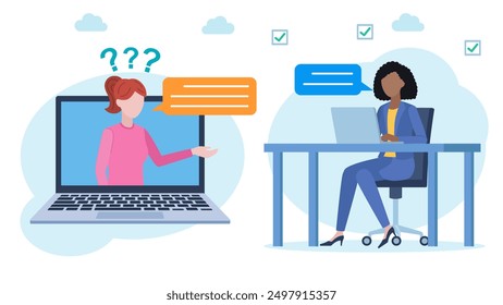 Flat design illustration. Customer is asking a question to a support worker. The customer is visible on a laptop screen, with a speech bubble and question marks next to the customer. - Powered by Shutterstock