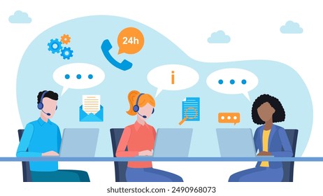 Flat design illustration. Customer support team working on laptops at a desk. Two women, one man. There are comic speech bubble next to the characters. And icons of telephone 24, email, cogs, document - Powered by Shutterstock