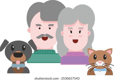 flat design illustration of an elderly couple with a dog and a cat front view. Family and companionship concept illustration or icon - Powered by Shutterstock