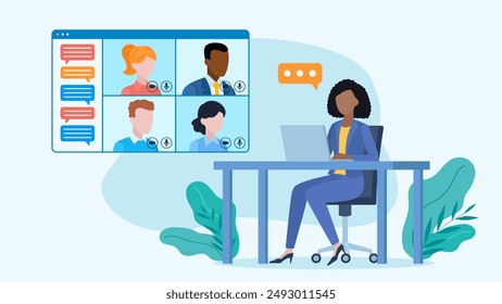 Flat design illustration. Employee conference on the application. One woman sits at a desk and works on a laptop, the other characters are in the messenger bubble. They find message bubbles next to th - Powered by Shutterstock