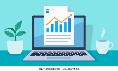 Flat design illustration. A laptop on a desk. A flower and coffee are next to the laptop. A document with a bar chart is displayed on the laptop screen. - Powered by Shutterstock