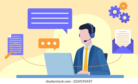 Flat design illustration. Man sitting in front of desk with headset and talking with client. Businessman working on laptop. Speaking bubble, laptop, email, document, cogs.  - Powered by Shutterstock