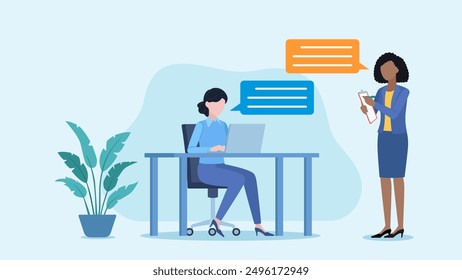 Flat design illustration. Office conversation of coworkers. Business Woman is sitting and working on laptop, other person is standing. Both persons are having conversation.  - Powered by Shutterstock