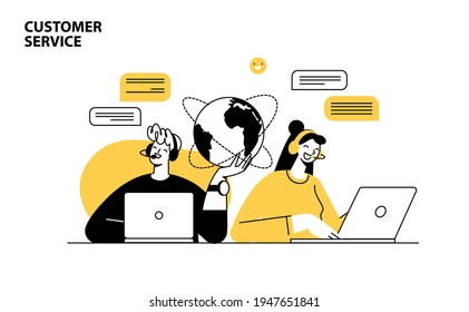 Flat design illustration, technical support assistant, customer and operator vector. Customer service, hotline operator advises customer, online global technical support 24\7 - Powered by Shutterstock