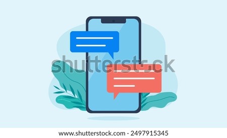 Flat design illustration. There are text message bubbles on the cell phone screen. There are flower leaves behind the phone.