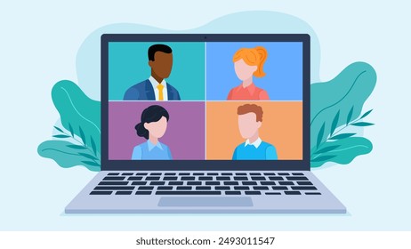 Flat design illustration. Video conference of business people. 4 people on laptop screen. Education or business meeting. Work from home. - Powered by Shutterstock