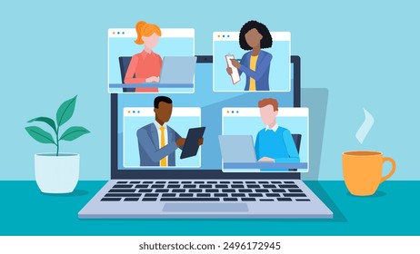 Flat design illustration. Video conference meeting. laptop screen with office team people on application windows having conversation. People work on laptops, tablets, taking notes. - Powered by Shutterstock