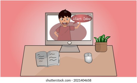 Flat design with learnig online and computer desk,teacher 