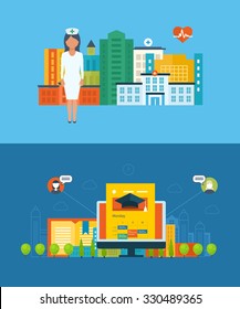 Flat Design Modern Illustration Icons Set Of Global Education, Online Training Courses, University, Tutorials, Healthcare, Medical Center And Hospital Building. Urban Landscape. 