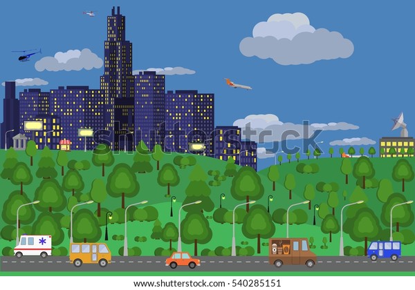 Flat design modern 
illustration of urban landscape and city life. cars on road, City
buildings, plane in the sky, trees and plants. Cityscape in summer
evening