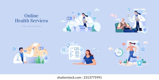 Flat design online medical service set isolated on lavender background. People monitoring their own health condition, doctor practicing medicine virtually. Concept of virtual clinic and healthy life. - Powered by Shutterstock