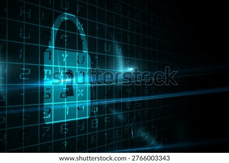 Flat design padlock icon is glowing over code grid while light streaks are indicating encryption. Cybersecurity, data protection, digital infrastructure, encryption, network security, abstract