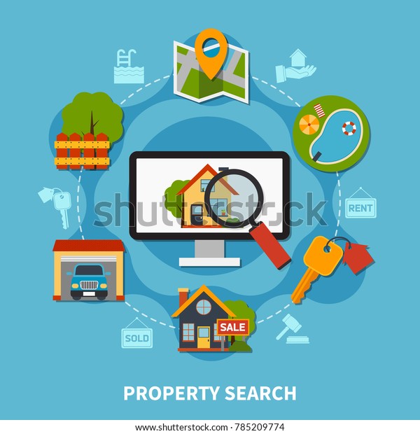 Flat design\
real estate concept with various property search and sale elements\
on blue background \
illustration