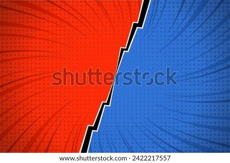 Flat design red comic style background. Pop art comic background lightning blast halftone dots. Pop comics book cartoon magazine cover. Cartoon funny retro pattern strip mockup. Split screen