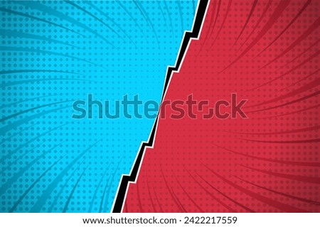 Flat design red comic style background. Pop art comic background lightning blast halftone dots. Pop comics book cartoon magazine cover. Cartoon funny retro pattern strip mockup. Split screen