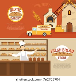 Flat design rustic bakery and fresh bread store horizontal banners isolated  illustration