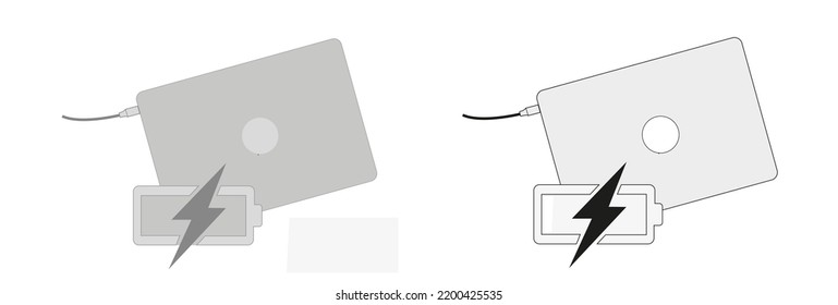 Flat Design Style Outline Illustration Concept Of Black Laptop Computer Symbol Icon Charging With Charger, Plug And Outlet On White Background. Laptop Charging Line, Line Art, Linear, Outline Icon