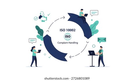 Flat design vector graphic showing circular flow for iso 10002 complaint handling. Team members work on laptops representing process stages feedback and resolution.