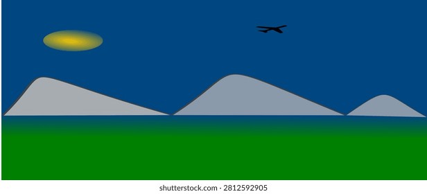 Flat design vector illustration of a minimalist landscape background. Features a bright sun with glow, layered mountains, green field, blue sky, and a small airplane flying. Perfect for travel, nature, adventure, and background designs. EPS vector file with JPG preview. Scalable and fully editable.