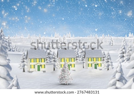 Flat design winter scene is featuring decorated Christmas tree in falling snow near three houses. Festive, tranquil, seasonal, picturesque, cozy, landcape, holiday