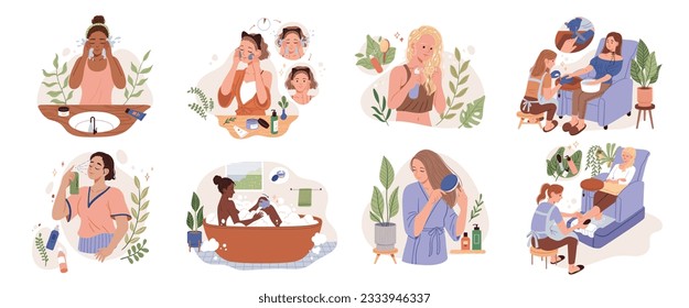 Flat design women enjoy self care routine set isolated on white background. Women doing face cleanse, hair care, manicure and pedicure. - Powered by Shutterstock