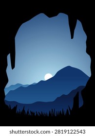 Flat digital illustration of a dramatic mountain landscape viewed through a rugged cave opening, featuring layered blue mountains, a glowing moon or sun near the horizon, and silhouetted grass in the foreground. Atmospheric nature scene suitable for backgrounds, posters, travel artwork, and adventure-themed designs.