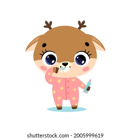 flat doodle cute cartoon baby deer brushing teeth. Animals brush their teeth.