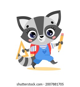 Flat Doodle Illustration Of A Cute Cartoon Raccoon Going To School. Animals Back To School
