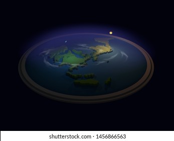 Flat Earth 3d Rendering Model, With The Sun, Moon And Dome