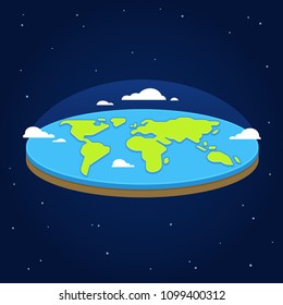 Flat Earth In Space. Ancient Cosmology Model And Modern Pseudoscientific Conspiracy Theory. Stylized Illustration.