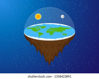 Flat Earth In Space. Ancient Cosmology Model Conspiracy Theory. Stylized  Illustration