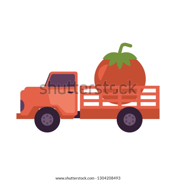 Flat farmer truck pickup delivering\
harvest food - huge red tomato vegetable in body. Farming\
transportation and organic food. isolated\
illustration