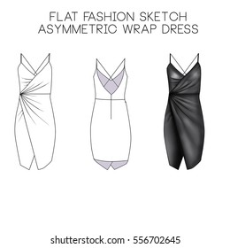 Flat Fashion Technical Sketch - Asymmetric Wrap Dress