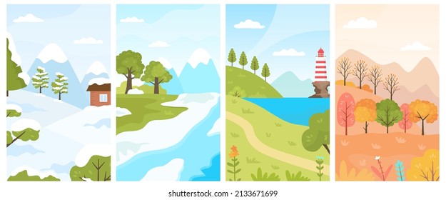 Flat four seasons landscapes, spring, summer, autumn and winter. Cartoon seasonal nature. Forest scenes with trees for calendar  set. Outdoor annual weather with greenery and snow