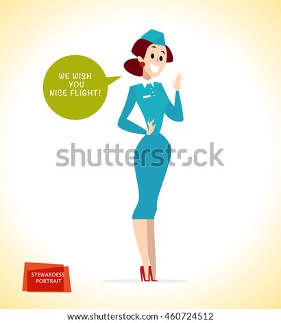Flat friendly smiling person character portrait. Stewardess portrait isolated. Cartoon style. Human profession icon. Beautyful young girl, lady, woman in uniform. Text balloon.
