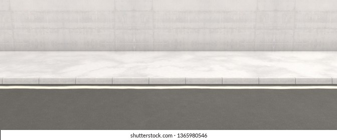 A flat front view of a section of modern raised sidewalk and street on a plain wall background - 3D render