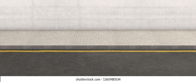 A flat front view of a section of raised sidewalk and street on a plain wall background - 3D render