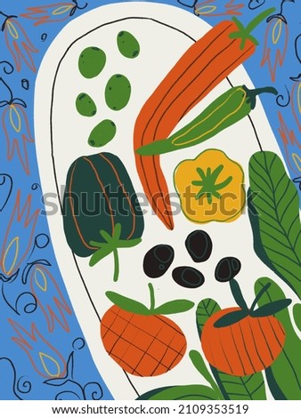 Flat Funny Illustration of appetizing still life. Abstract pepper, tangerines olives chili olives. Vegetables lover concept. Funny colored typography poster, apparel print design, bar menu decoration.